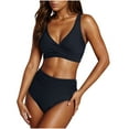 thumbnail image 1 of Ensemble de Maillot de Bain pour Femmes, Taille Haute Col en V Style Bandage Ajusté Design Froncé Deux Pièces, Vert Militaire, Longueur Régulière, Polyester, 1 of 6