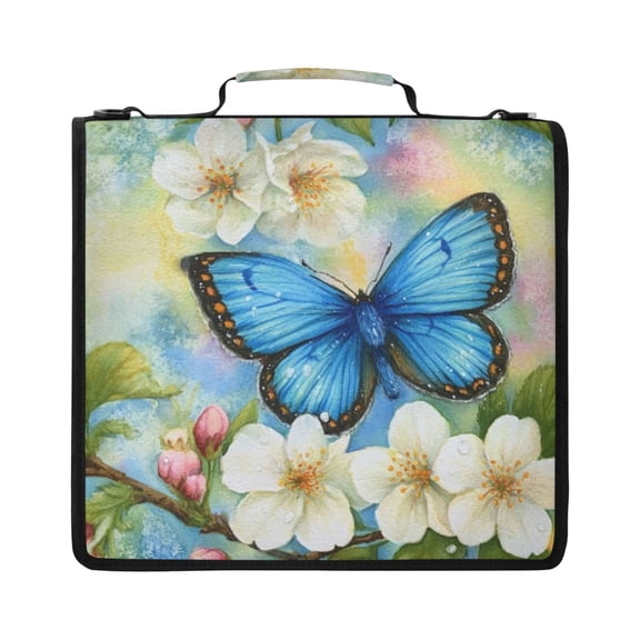 Zipper Binder with Shoulder Strap 2 inch 3 Ring Waterproof File Folder Organizer Bag 500 Sheet Blue Butterfly and White Flowers