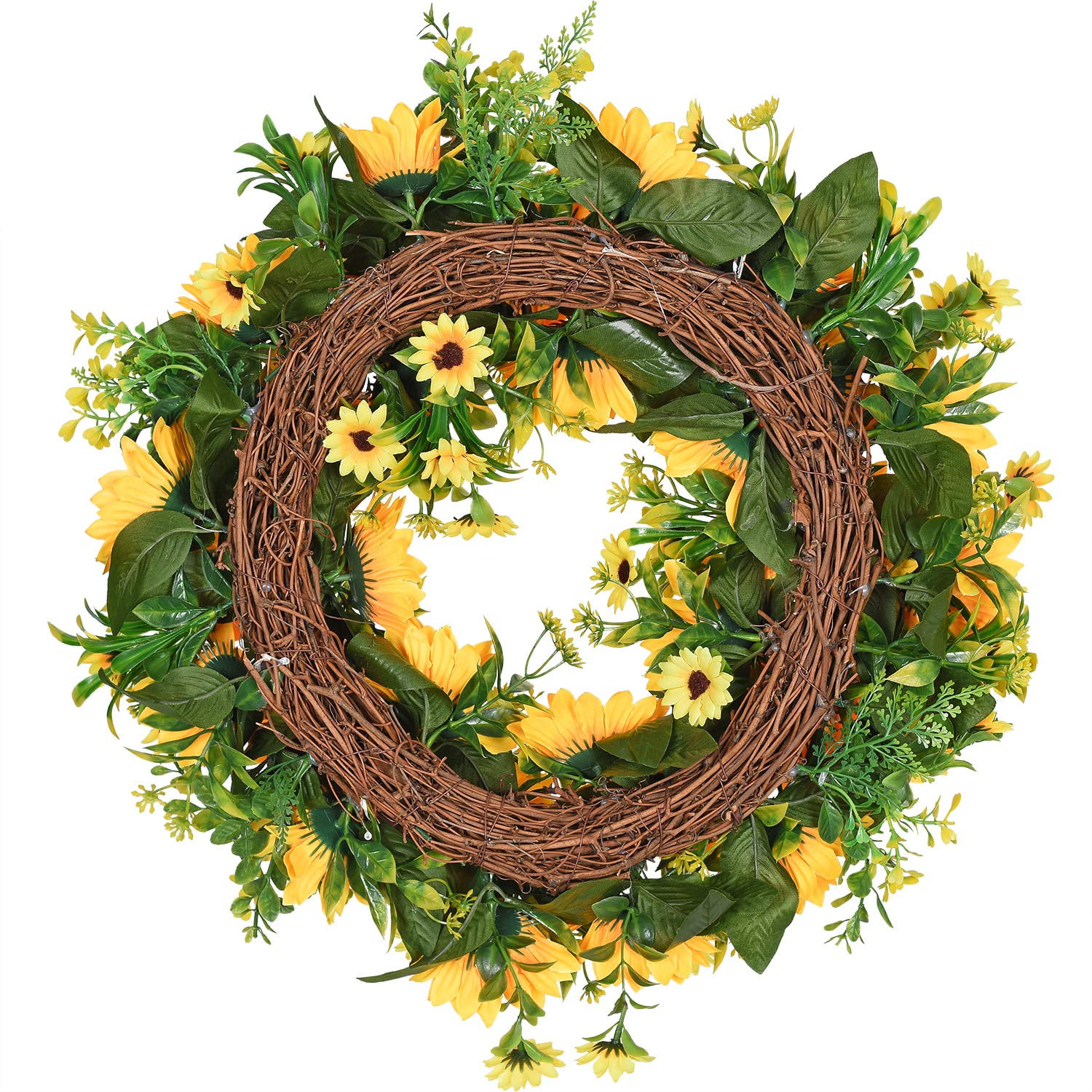 HEBE 16 Inch Artificial Sunflower Door Wreath Fake Floral Yellow Sunflower Wreath for Front Door Indoor Outdoor Wall Wedding KitchenD/écor All Seasons