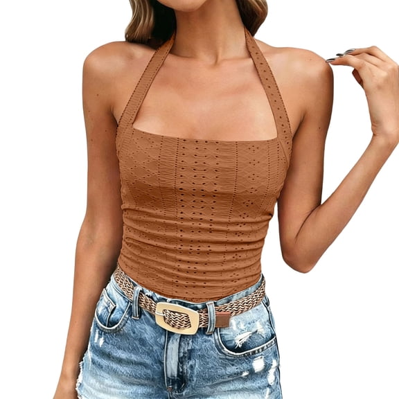 MYAOYINo Boundaries Womens Halter Neck Tank Top Eyelet Knit Fitted Sleeveless Summer Casual Top