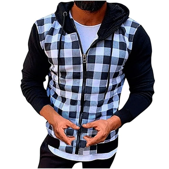 PNTUTB Men's Fashion Casual Adjustable Drawstring Hooded Long Sleeve Color Block Checkered Jacket