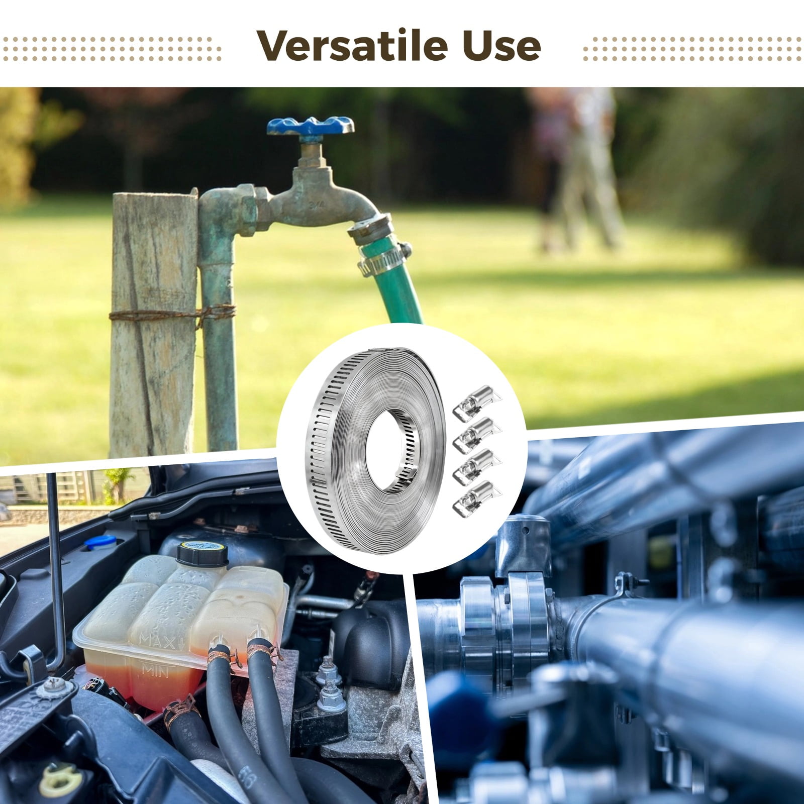 32.8ft 304 Stainless Steel Hose Clamp Kit with 20 Heavy Duty Fasteners, Adjustable Perforated Strapping Large Hose Clamps for Pipe, Duct, Tube, Automotive Mechanical
