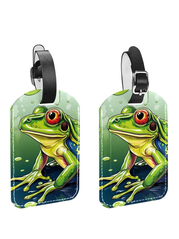 Square 2Pack PU Leather Frog Cruise Luggage Tag with Privacy Cover and Name ID Tag for Travel Handbags Backpacks Luggage Tags