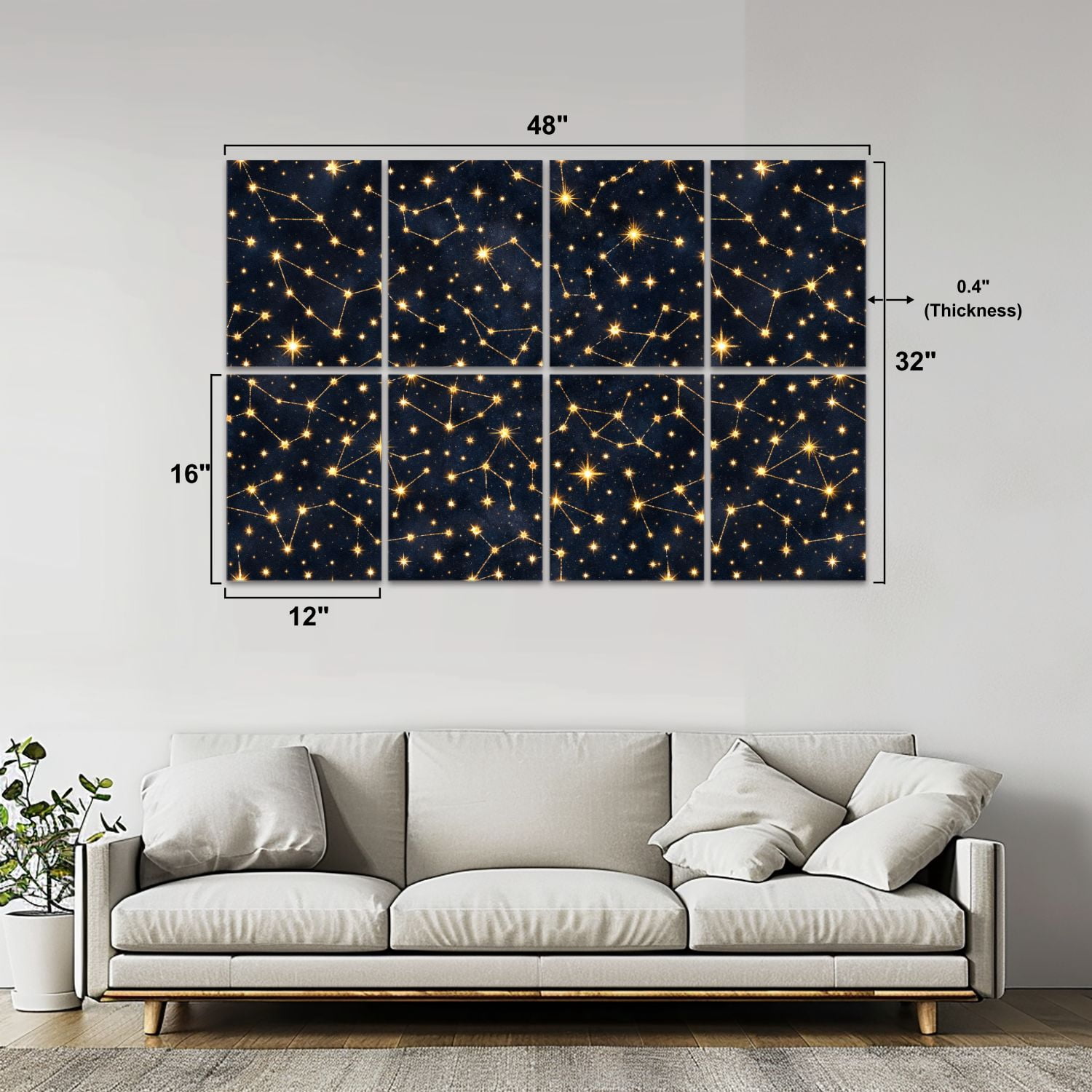 8 Pack Art Acoustic Panels Constellation Golden Stars Dark Night Sky Seamless Cosmic Design Self Adhesive Absorbing Dampening Panels Self Adhesive for Nursery Game Room Bedroom 48"x32"