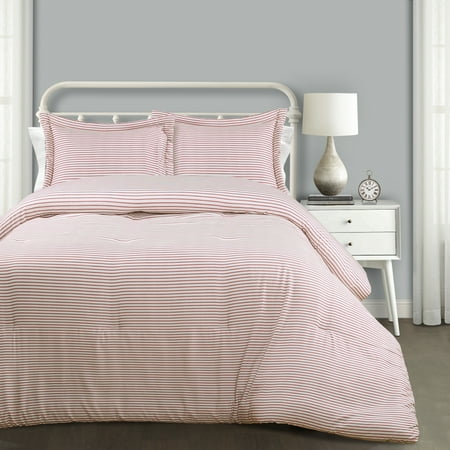 3pc Full/Queen Farmhouse Stripe Reversible Cotton Comforter &#38; Sham Set Red - Lush D&#233;cor: Midweight, Machine Washable, No Flange