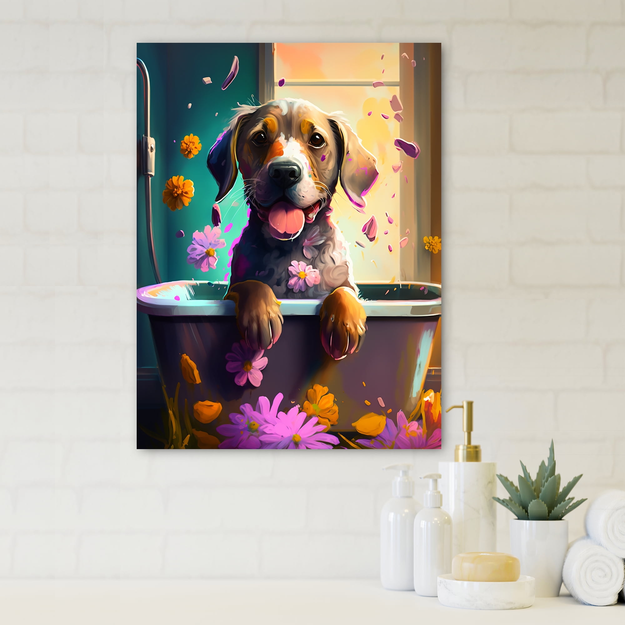 Designart Funny Dog In The Bath With Blooming Flowers IV Canvas Wall Art