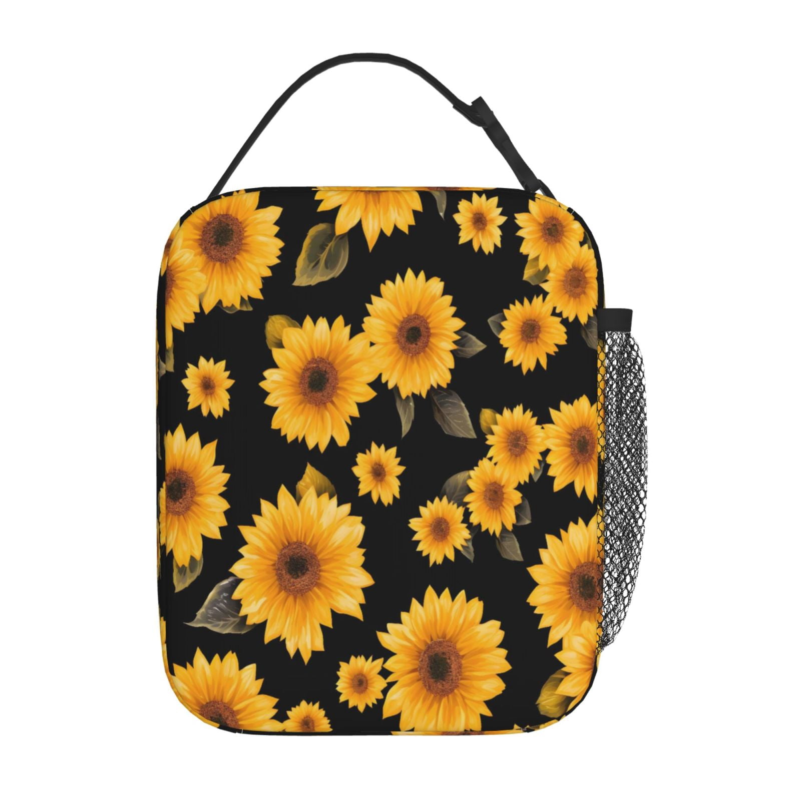 Lunch Bag For Women Men Insulated Portable Lunch Box Bento Box Office Picnic Travel Cooler Bag Yellow Sunflowers Black Background
