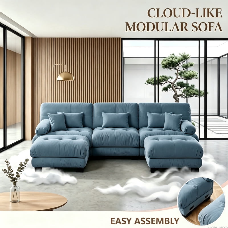 ANPPORT Cloud Couch Sleeper Sofa, Chenille Blue 3-Seater Modular Sofa with 2 Ottomans, 3 Lumbar pillows, 2 Pillows, Comfy Deep Seat Cloud Sofa, Convertible L-Shaped Floor Couch for Living Room