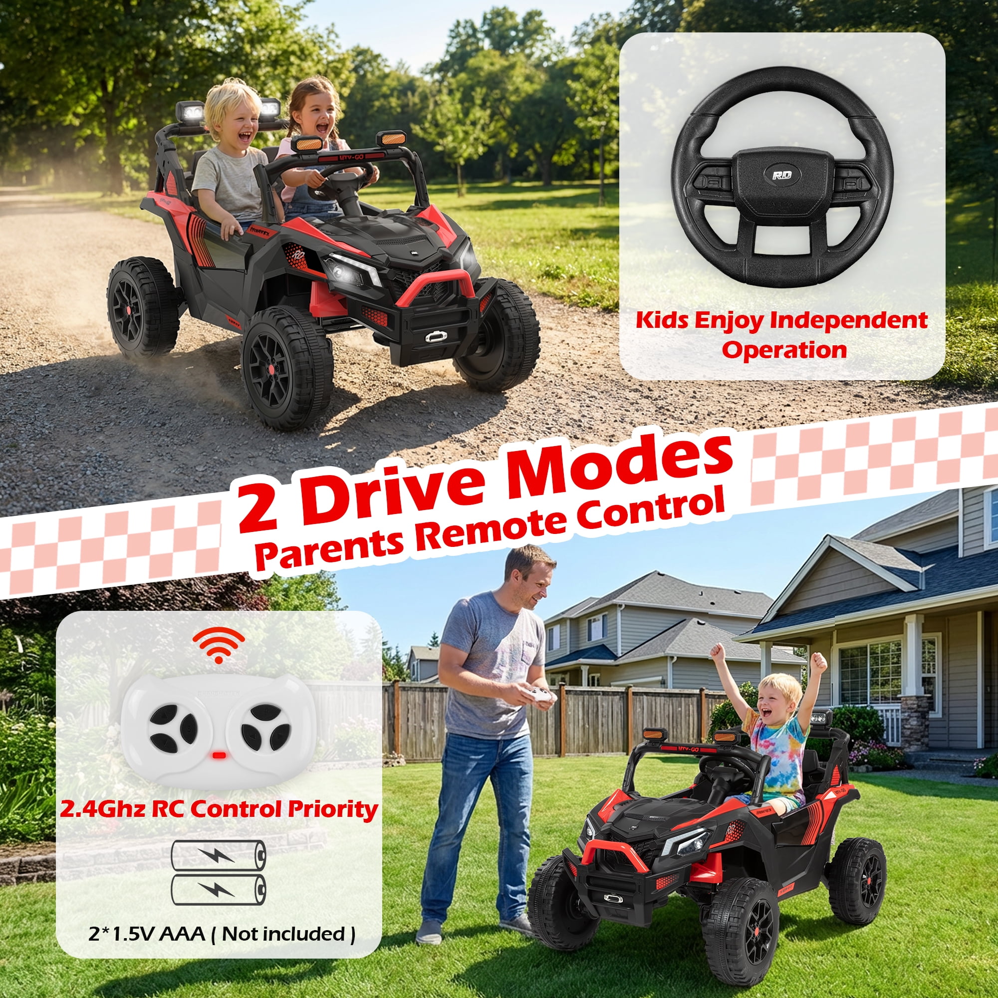 Wisairt 24V Ride on Toys 4WD Ride on Cars with Remote Control, 2 Seater Electric Car for Kids, Power Car Wheels, UTV w/ Four Motors, Music, LED Lights, Wireless Audio, 3 Speeds, Red