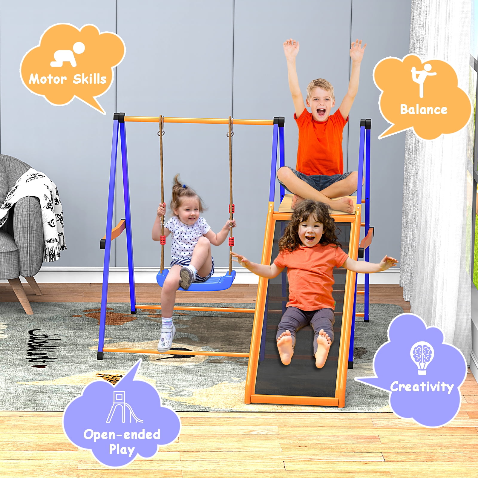 ​XIEWEI 4 in 1 Indoor Jungle Gym Playset with Swing and Slide Durable Metal Climber for Kids
