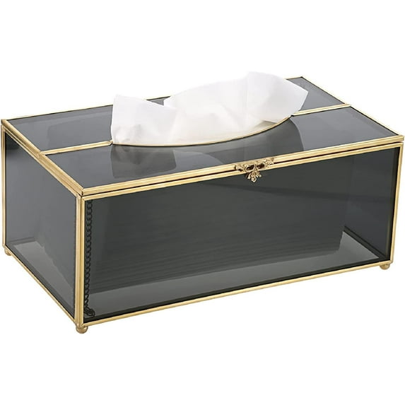 Rectangular Glass Tissue Box Cover - Decorative Gold Tissue Box Holder, Stylish Facial Tissue Holder for Dresser Bathroom Vanity Night Stand Home Office Bar Restaurant Decor, Black