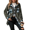 thumbnail image 2 of Shackets for Women Fleece Button Down Plaid Long Coat Lapel Hooded Fleece Lined Jacket Fashion Color Block Tops Gray S, 2 of 8