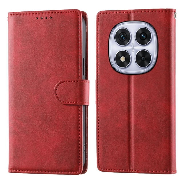 Étui Portefeuille pour Xiaomi Redmi Note15 Pro 4G à Rabat en Cuir avec Porte-Cartes et Support, Fermoir Magnétique et Dragonne Rouge