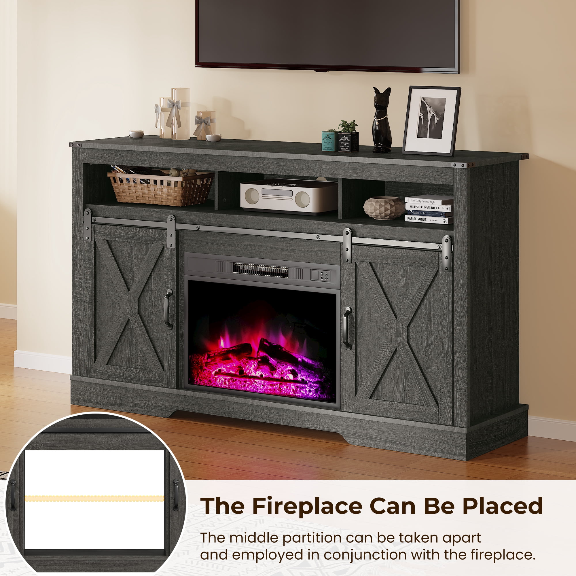 May in Color 34'' Tall TV Stand for 65"+ Inch TV, Farmhouse TV Console for 23" Fireplace, with Sliding Bar Door, Rustic Entertainment Center for Living Room, Bedroom (Dark Grey)