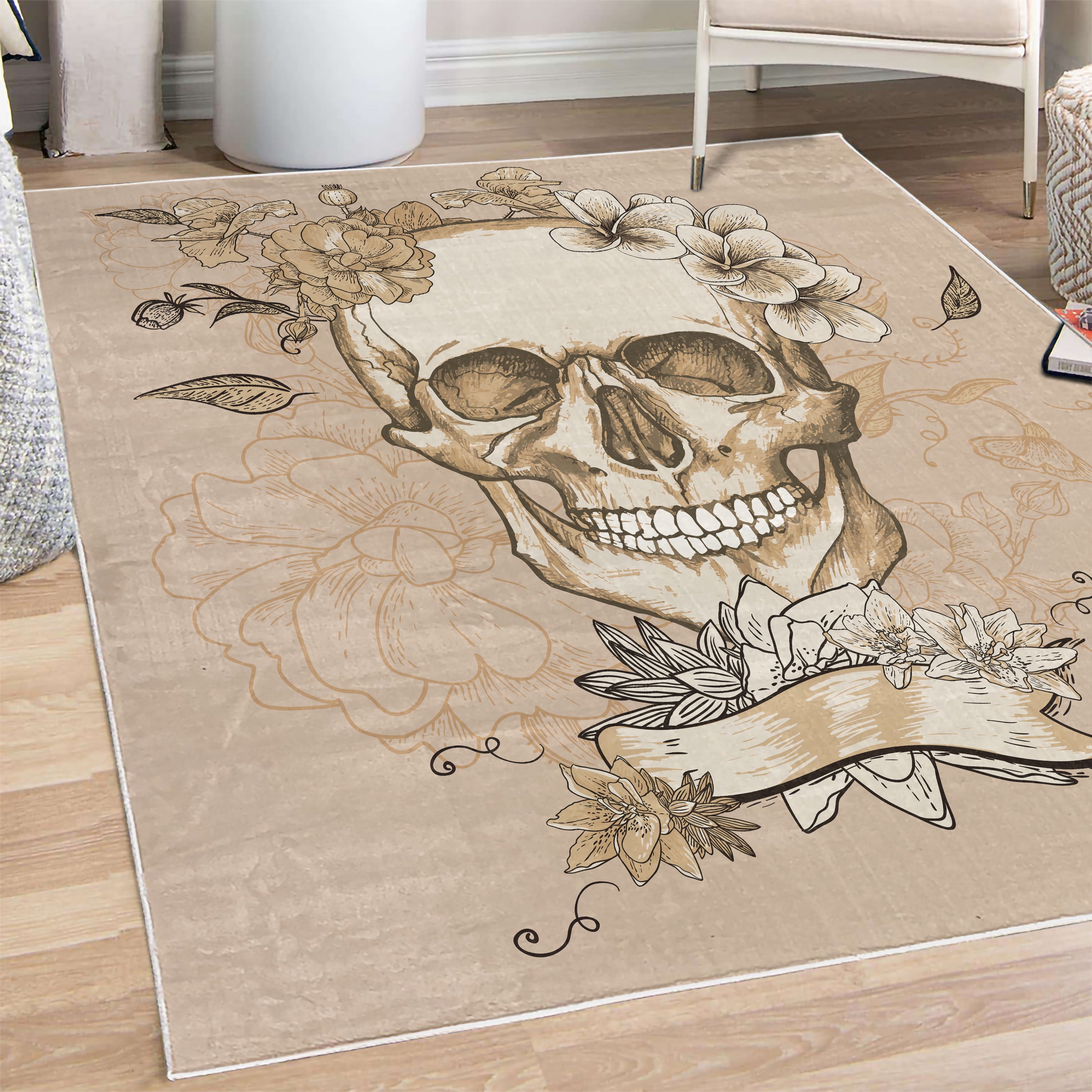 Grunge Decorative Rug, Skull and Flowers Day of the Dead Mexican ...