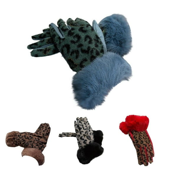 Leopard Print Polyester Gloves With Faux Cuff Detail