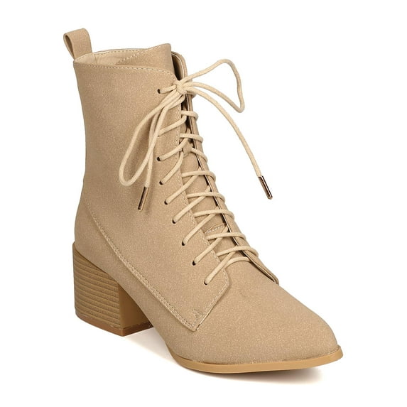 ML Lime-6 Women Faux Suede Pointy Toe Lace Up Chunky Heel Bootie