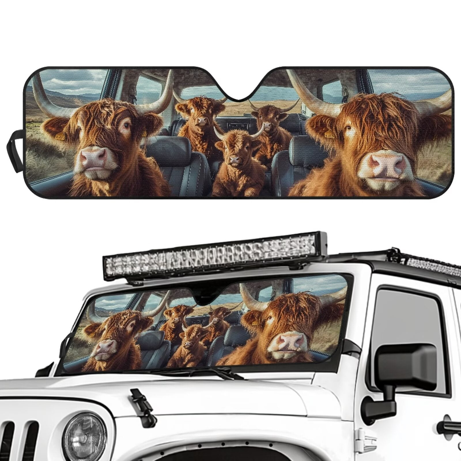 HUIACONG Brown Cow Windshield Sun Shade for 2007-2023 Wrangler Rubicon Sahara TJ JK JKU 2 & 4 Door-Blocks UV Rays Sun Visor Protector,Car Sun Shade Keep Your Vehicle Cool