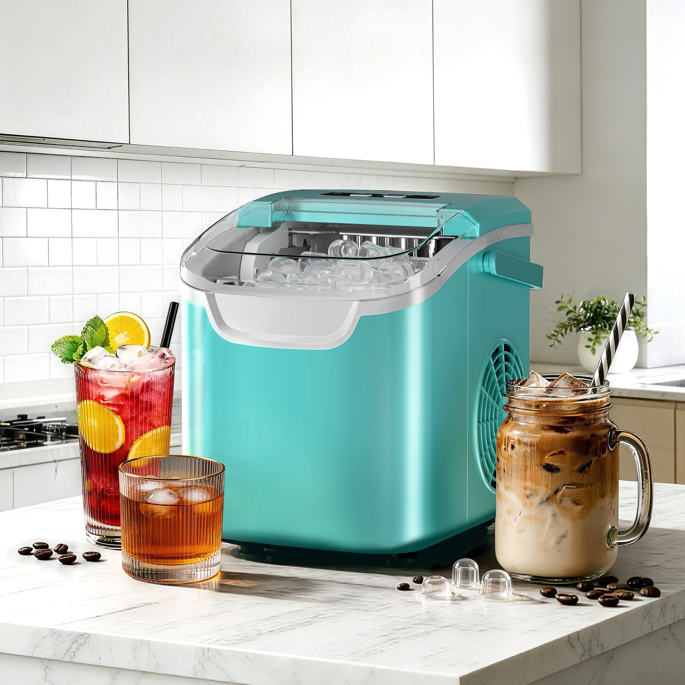 Auseo Countertop Ice Maker, 2 Sizes of Bullet Ice, 26Lbs/24H, 8 Ice Cubes in 6 Mins, Portable Ice Machine with Self-Cleaning for Home/Party/Travel/Camping (Light Green)