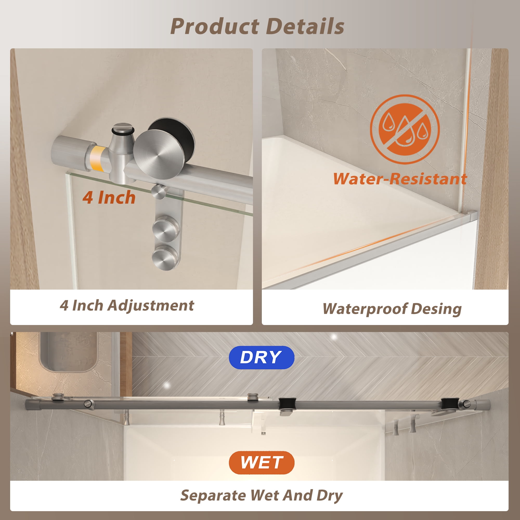 Leumius 56-60" x 66" H Frameless Sliding Shower Door, 5/16" Clear Tempered Glass,Stainless Steel Frame for Bathroom,Brushed Nickel