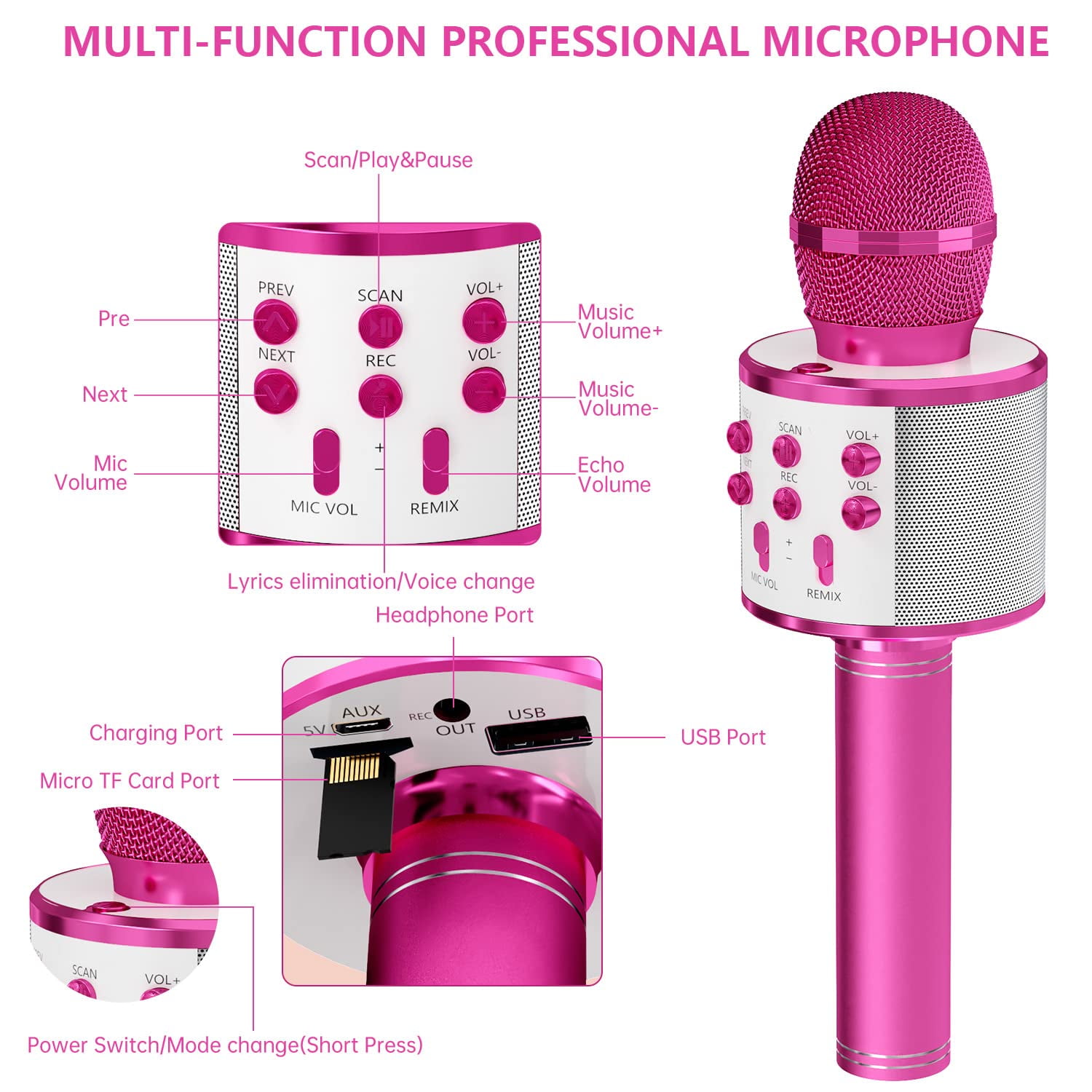 DAKIMOE Wireless Bluetooth Karaoke Microphone, Portable Handheld Singing Microphone for Kids Adults with Stereo Speaker and Voice Changer for All Smartphones, Gifts for Girls Kids Adults, Purple