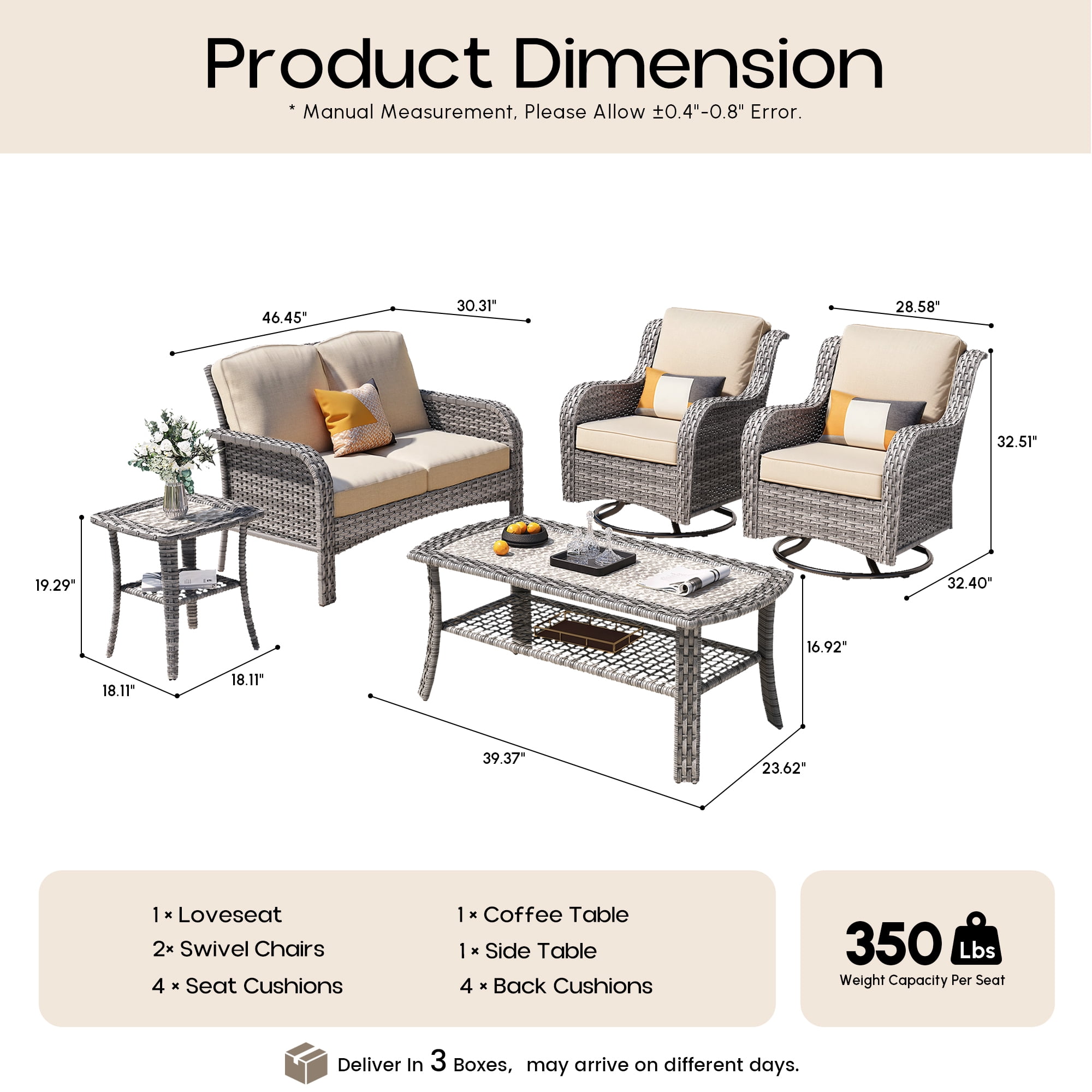 Toject Patio Furniture Set, 5 Pieces Outdoor Conversation Set with High Back Loveseat and Swivel Chairs, All Weather Wicker Outside Furniture for Porch, Balcony (Beige)