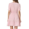 thumbnail image 3 of VESTIDO CASUAL DE MUJER INSPIRE CHIC CON ESCOTE EN V Y MANGAS ABULLONADAS, CINTURA ELÁSTICA FRUNCIDA, MINI VESTIDO COLOR ROSA CLARO TALLA L, 3 of 5