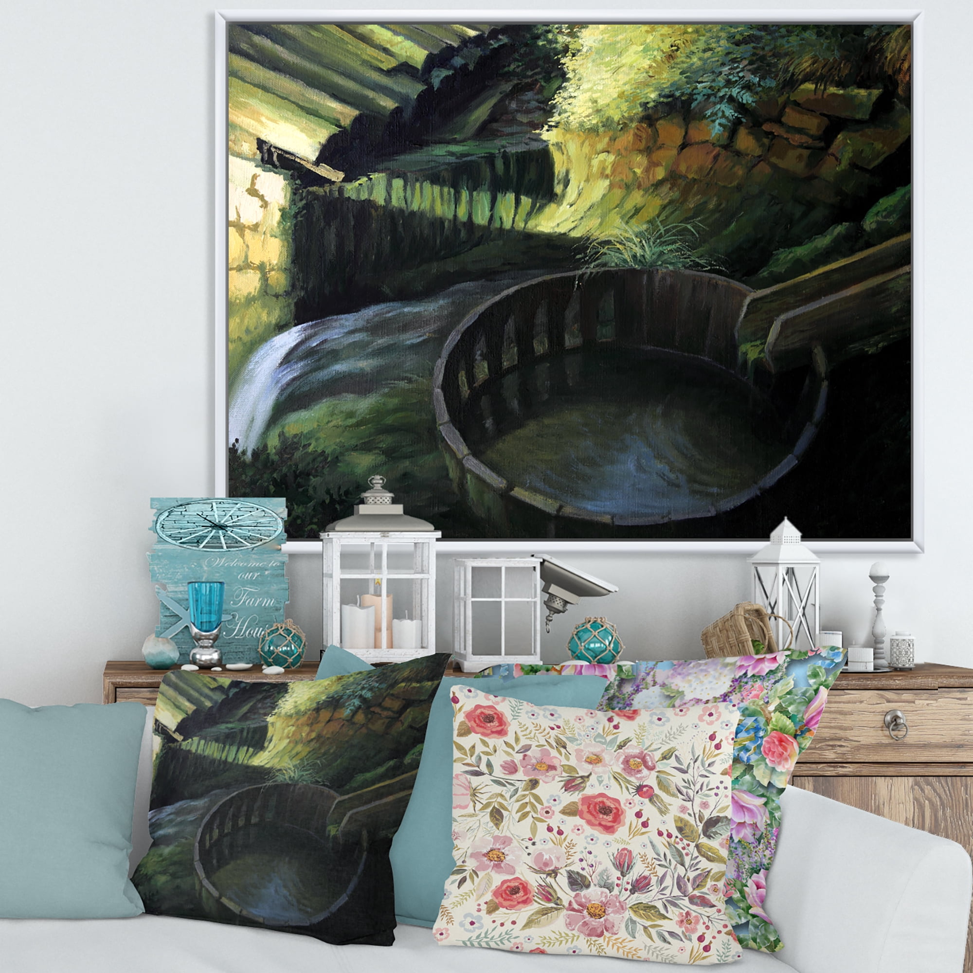 Designart 'Old Watermill In Green Nature Landscape' Lake House Framed Canvas Wall Art Print