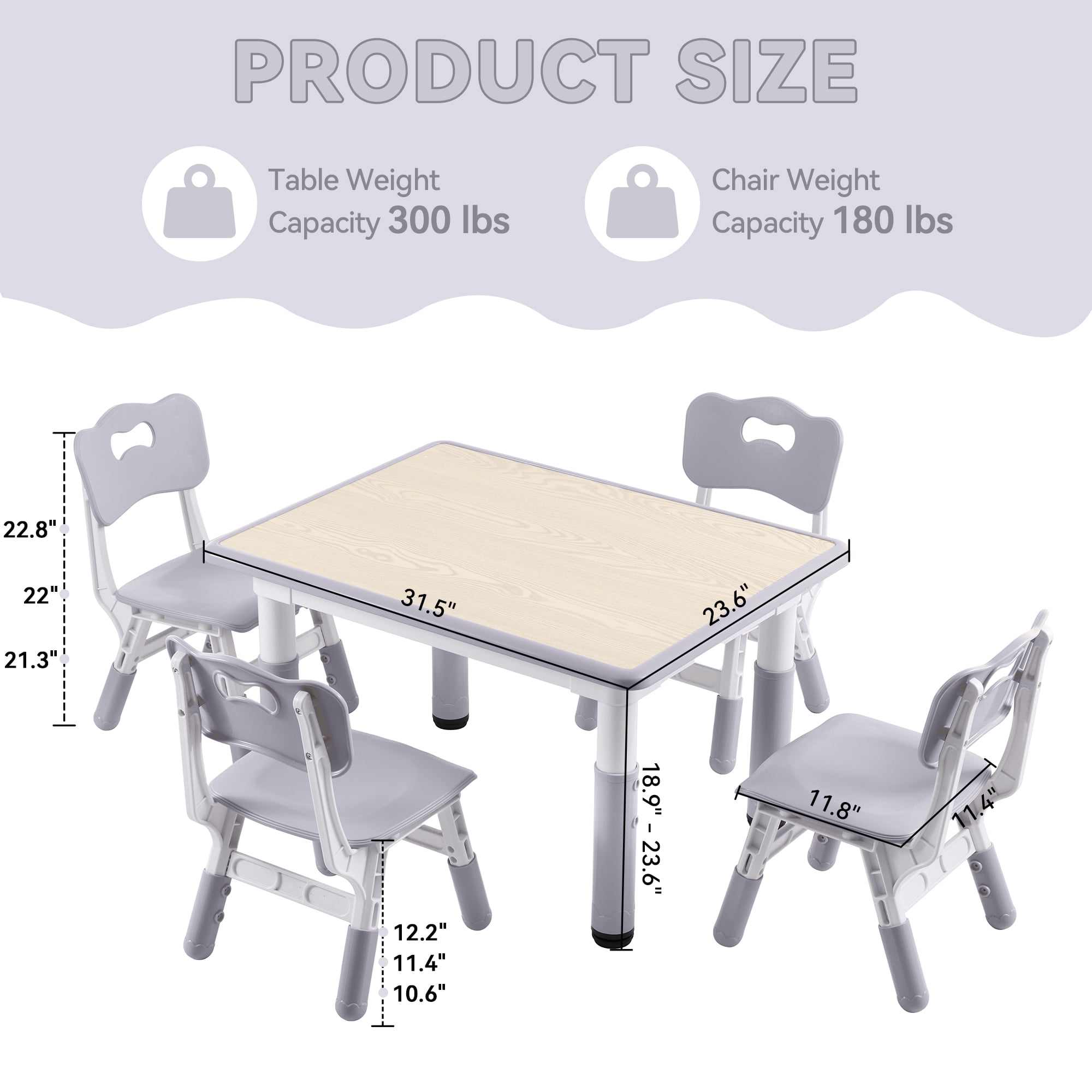 Kids Study Table and Chairs Set, Height Adjustable Toddler Table and Chair Set for Kids Ages 3-8, 31.5" L x 23.6" W Graffiti Desktop Plastic Children Art Table with 4 Seats, Grey