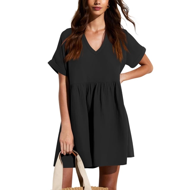 Vestido túnica liher de verano, manga corta, cuello en V, casual, negro, S