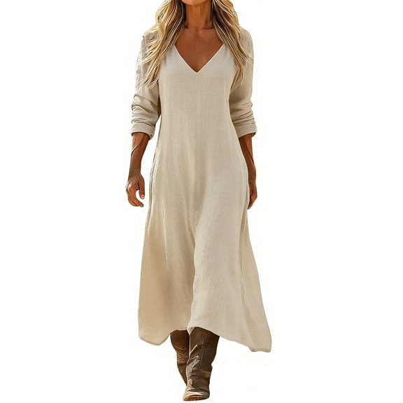HOMBOM Dresses for Women Maxi Dress Summer Long Sleeve Flowy Vacation Cotton Linen Ladies A-Line Dress Khaki