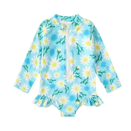 Virmaxy Girls  Daisy Print Swimsuit Cover-Up Long Sleeve UV Protective Swim Dress with Front Zipper Casual Beach Skirt for Beach Resorts Poolside Mint Green 3 Years