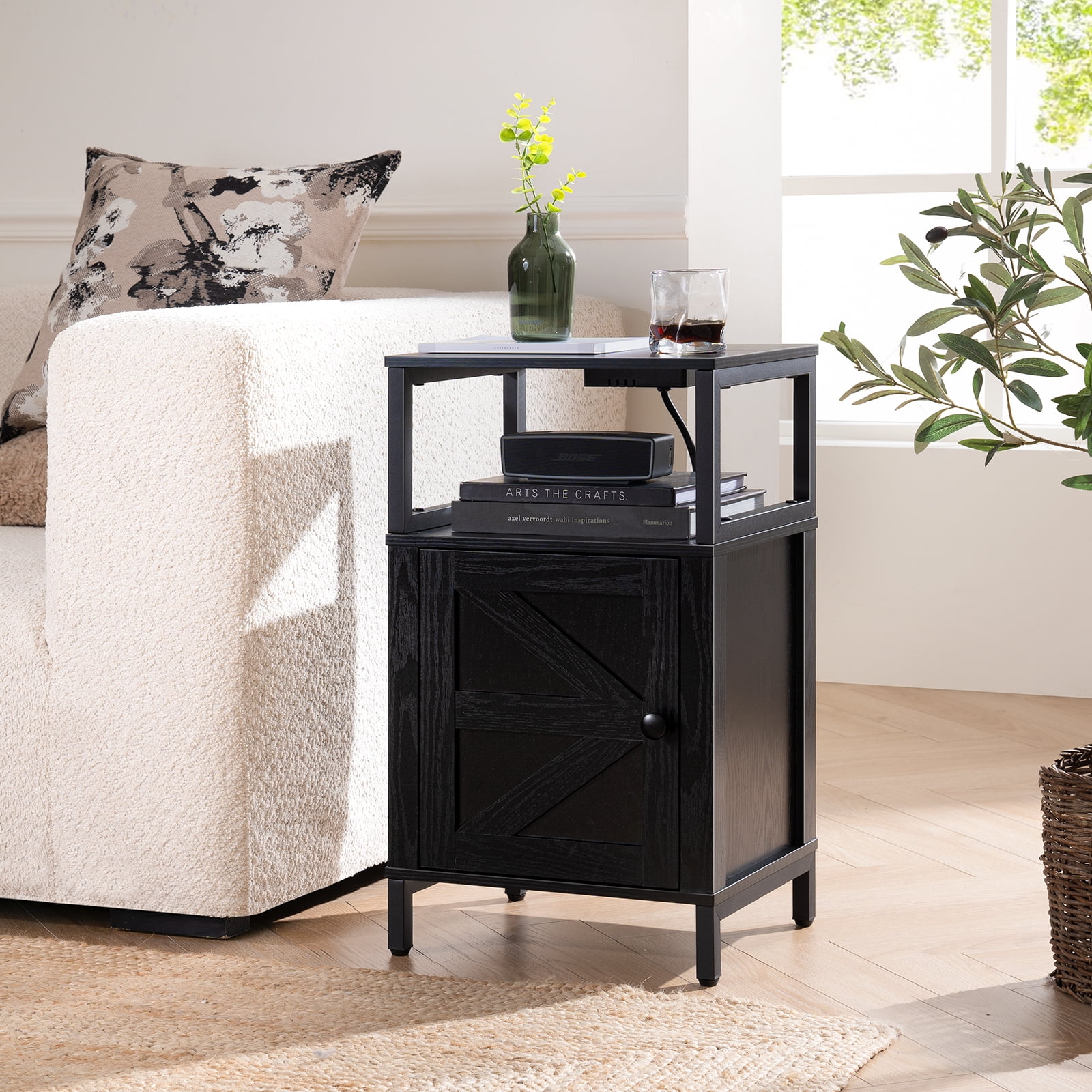 Farmhouse Wood NightStand with Charging Station & Adjustable LED,End Table with Storage Cabinet and Shelf, Bed Side Table with Barn Door for Bedroom Living Room ,Black