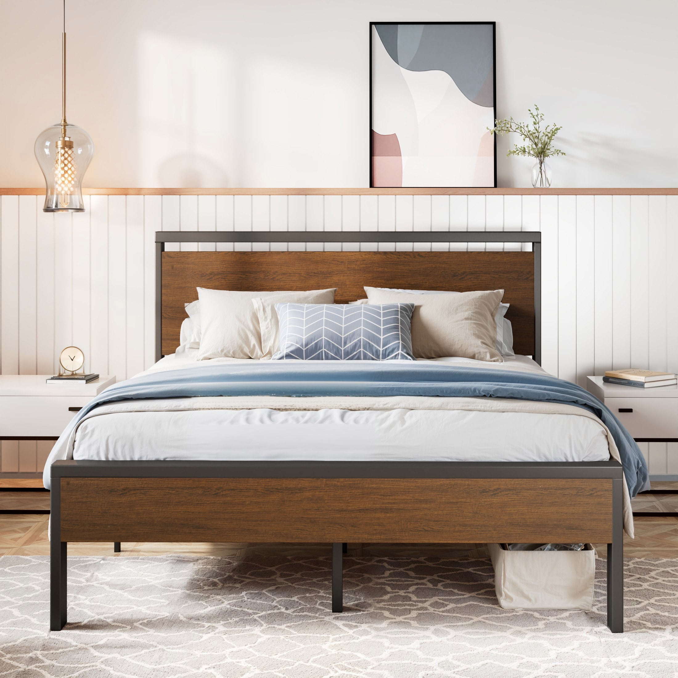 Amolife Full Size Bed Frame, Heavy Duty Metal Platform Bed with Wooden Headboard & Footboard, Walnut