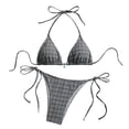 thumbnail image 2 of LEKWK Bikini Sets for Women Textured Halter String Plaid Print Swimsuits Thong Cheeky Tie Side Bathing Suits Summer Fashion Resort Pool Party Beachwear, 2 of 8