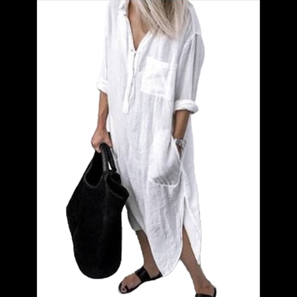 Vestido Camisero Informal Holgado de y Algodón para Mujer, con Solapas, Botones, Mangas con Puños y Abertura Lateral con Bolsillos S