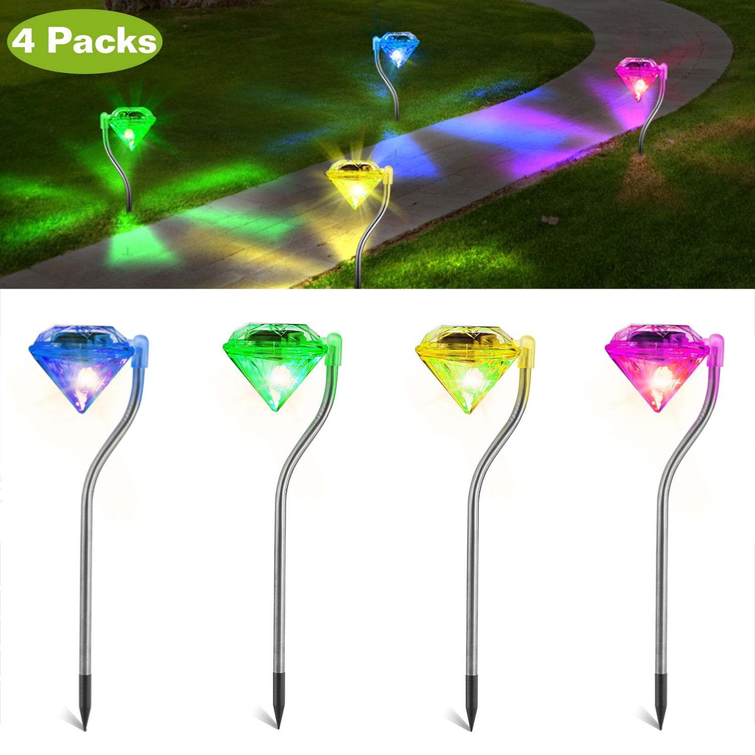 4x 7 Color-Changing Diamond Solar Lights Waterproof For Landscape/Pathway/Garden 