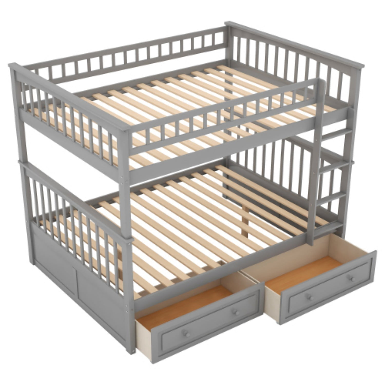 Full Over Full Bunk Bed with Storage Drawers, Convertible Wood Bunk Bed Frame with Safety Guardrails, Solid Pine Wood Kids & Adult Bed for Bedroom, Gray