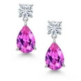 thumbnail image 2 of Gem Stone King 925 Sterling Silver Pink Created Sapphire and White Moissanite Earrings for Women | 8.86 Cttw | Gemstone September Birthstone | Pear Shape 12X8MM, 2 of 4