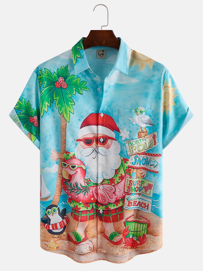 Mens Top,Christmas Santa Surfing Print Front Buttons Short Sleeve Shirt ...