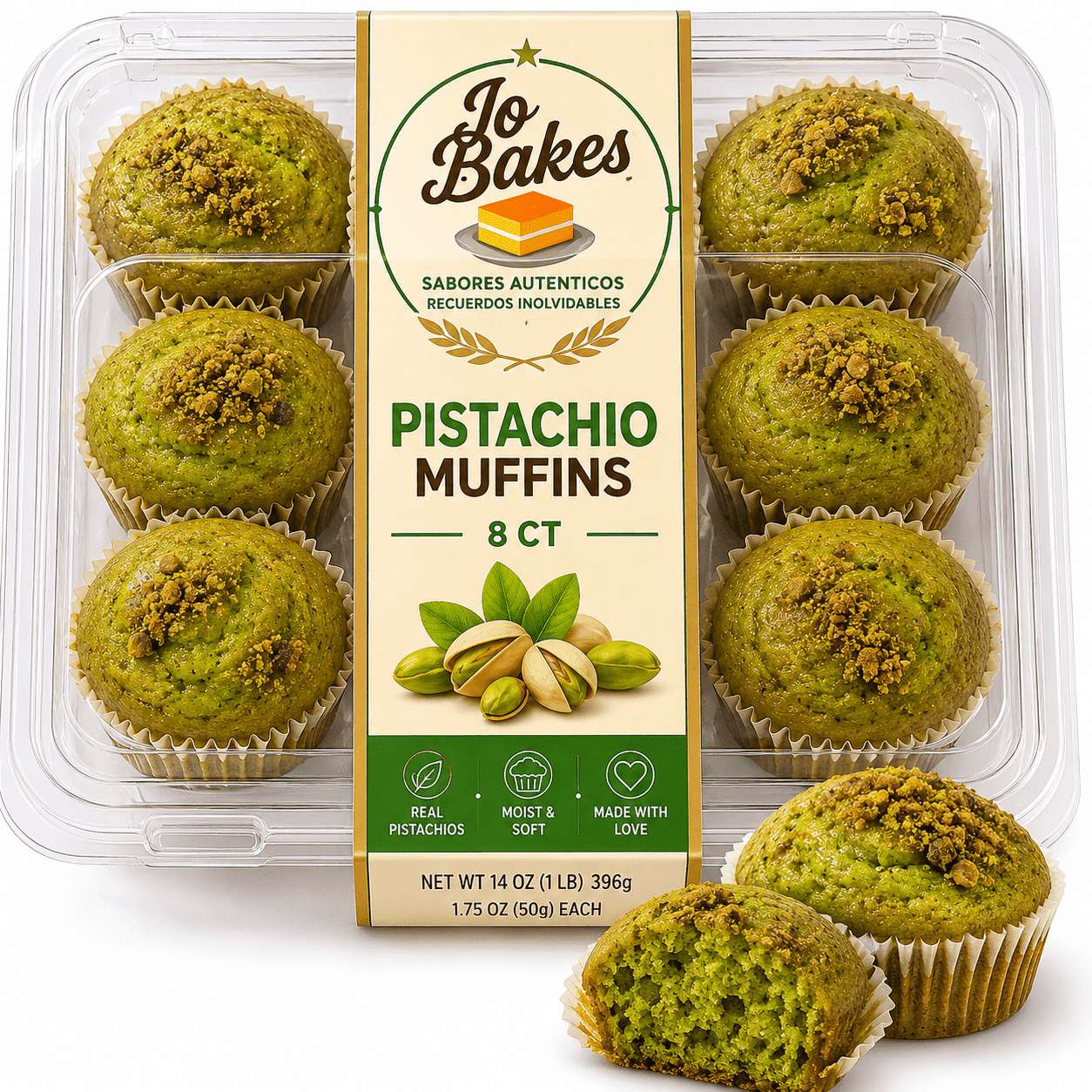JO BAKES Pistachio Muffins, Soft & Moist, Fresh Bake 8 Count
