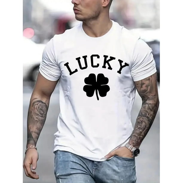 Comodidad diaria, camiseta informal de cuello redondo para hombre con estampado geométrico de trébol de la suerte, tejido de punto 100 % algodón, manga corta para todas las estaciones, ropa cómoda | M