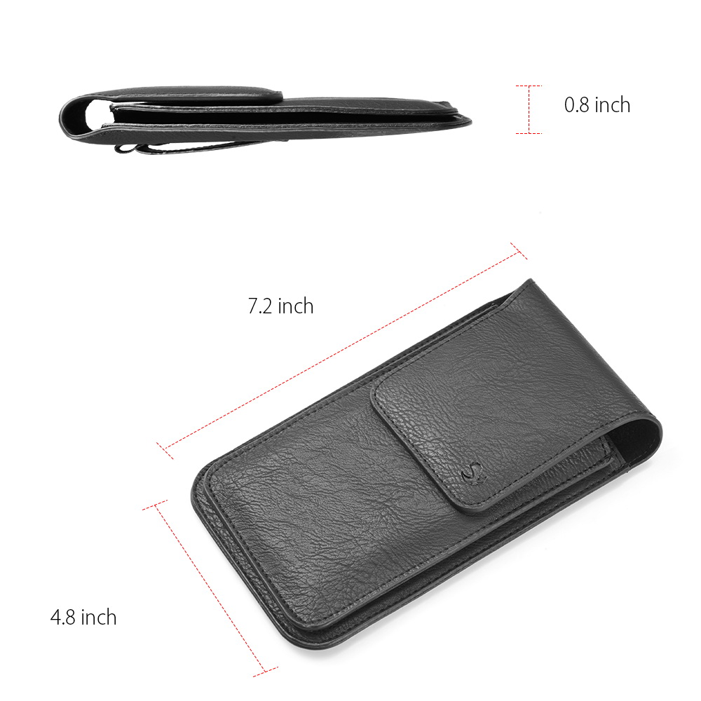 6.5-inch Vertical Black PU Leather Universal Cell Phone Holster Pouch with Belt Loop, Carabiner Clip, and Card Slots