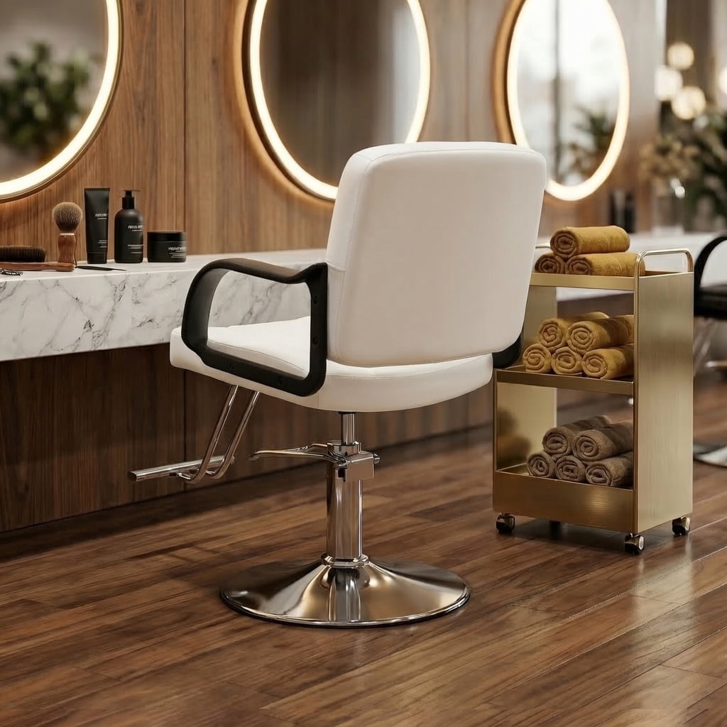 360-Degree Swivel Barber Chair with Hydraulic Height Adjustment, Heavy-Duty Salon Styling Chair with PU Leather and 350 lb Capacity, Off White