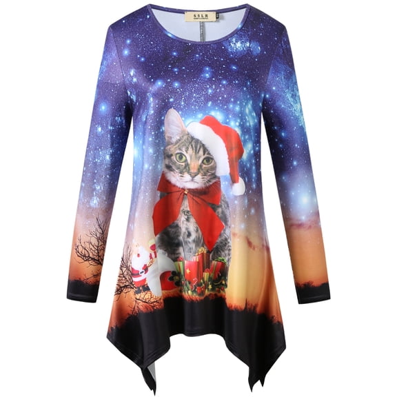 SSLR Women's Ugly Christmas T-Shirt Fun Xmas Crewneck Casual 3/4 Sleeves Shirts Long Tops