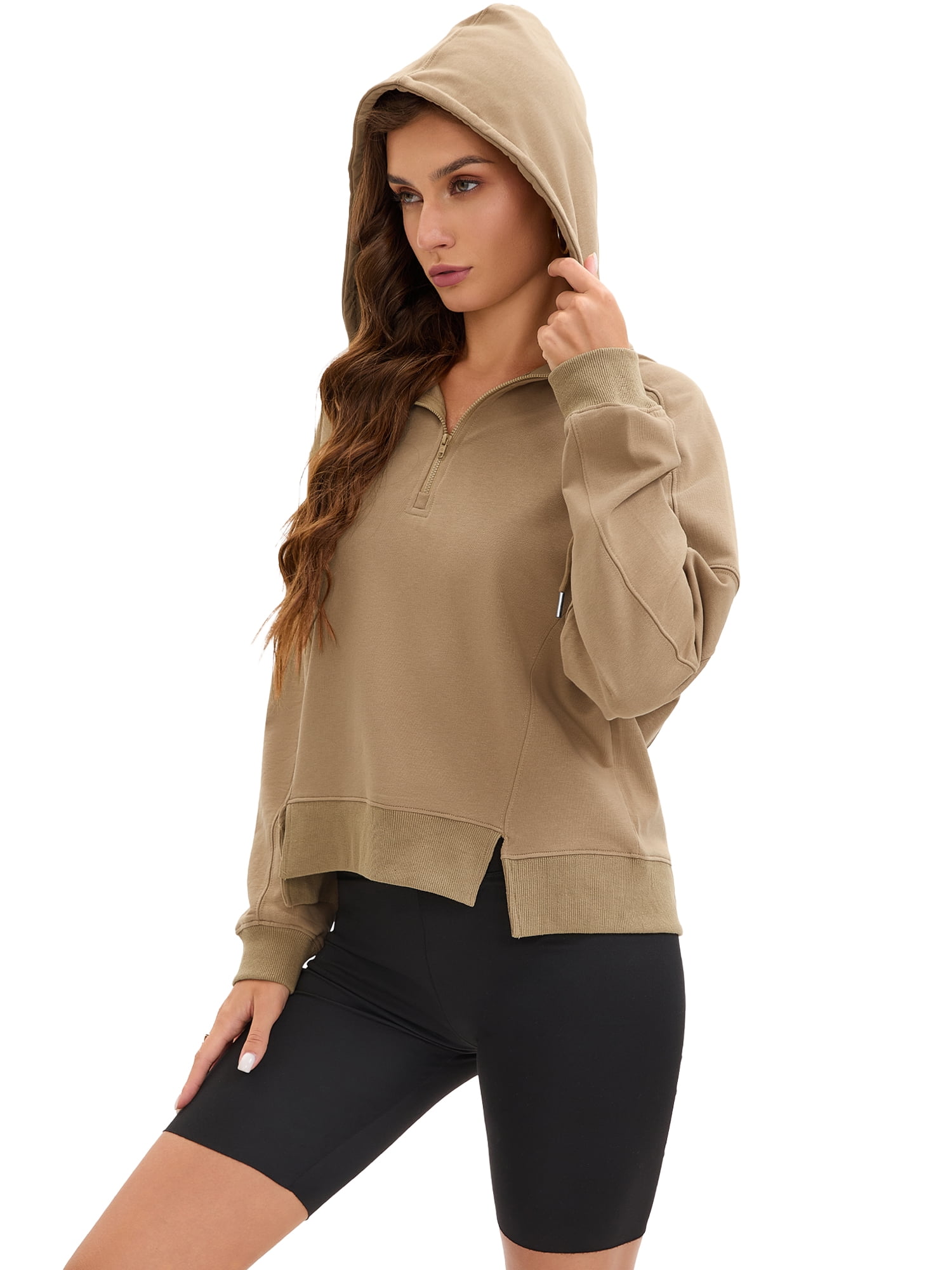 DARING DIVA Women's Stylish Cropped Half Zip Hoodie with Trendy Side Slits XL Khaki