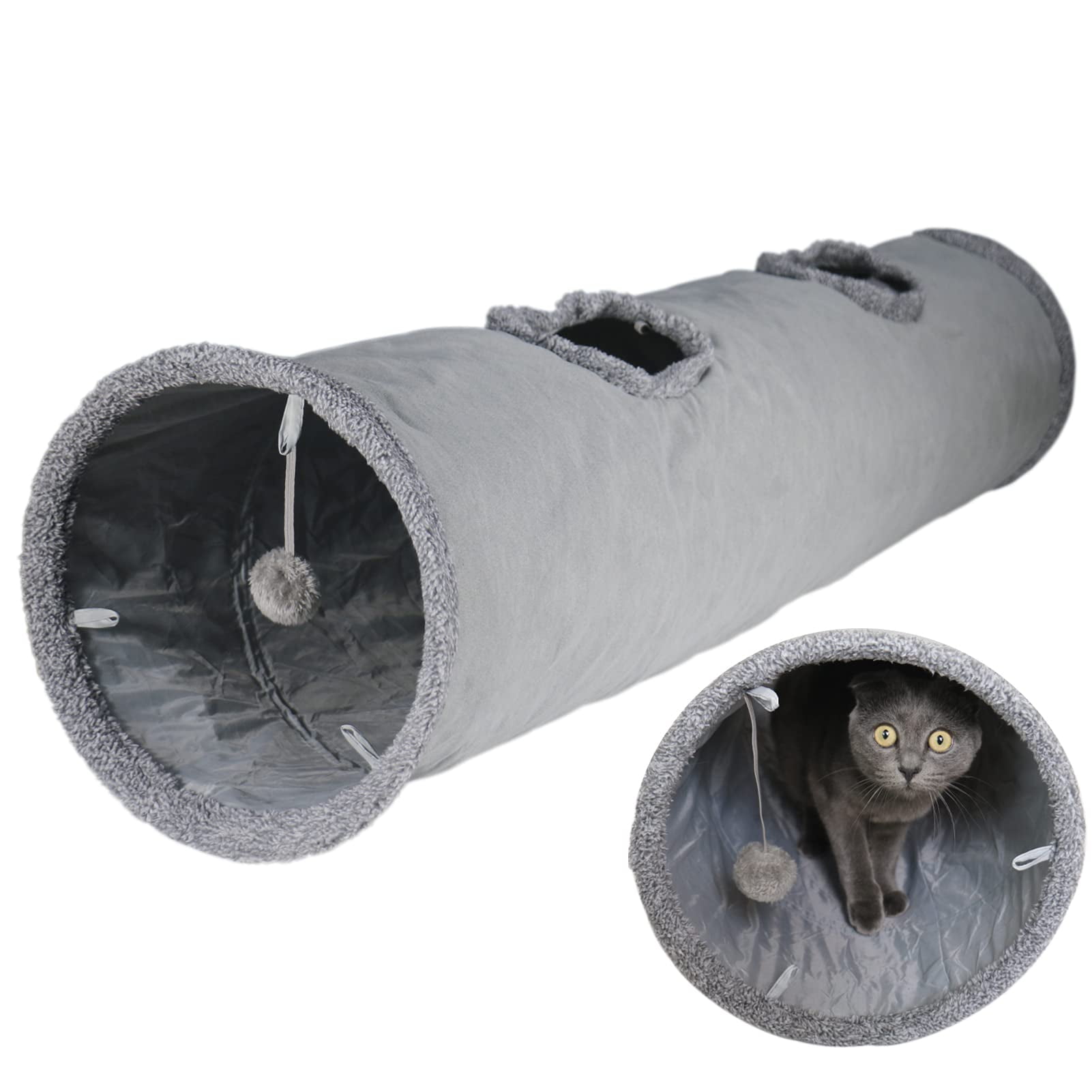 Cat Tunnel for Indoor Cats, 51×12 inch Foldable Big Cat Tunnel, Grey Suede Pet Tunnels with Two Peepholes and a Bubble Ball