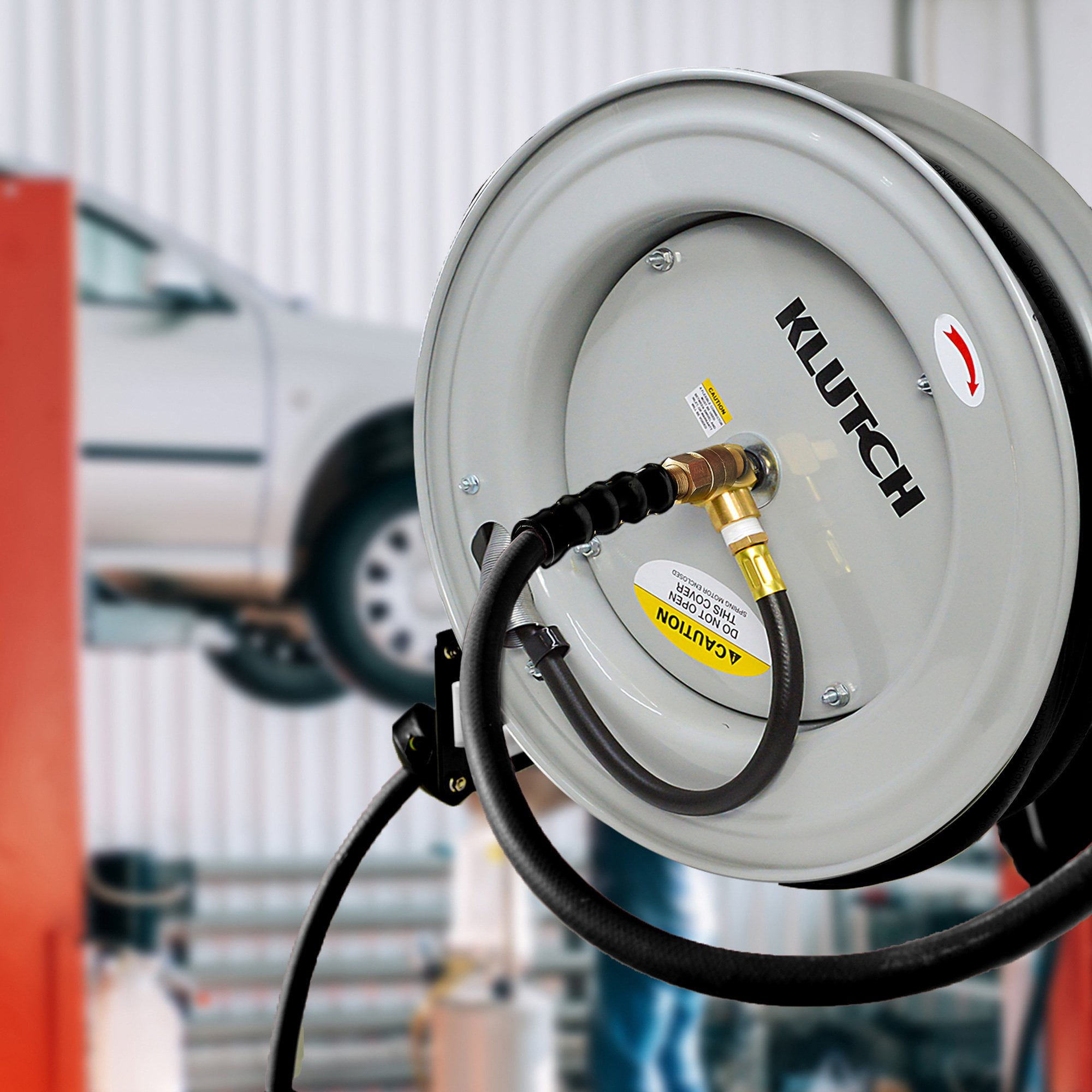 Klutch Auto-Rewind Air Hose Reel with 3/8in. x 75ft. Rubber Hose, 300 PSI