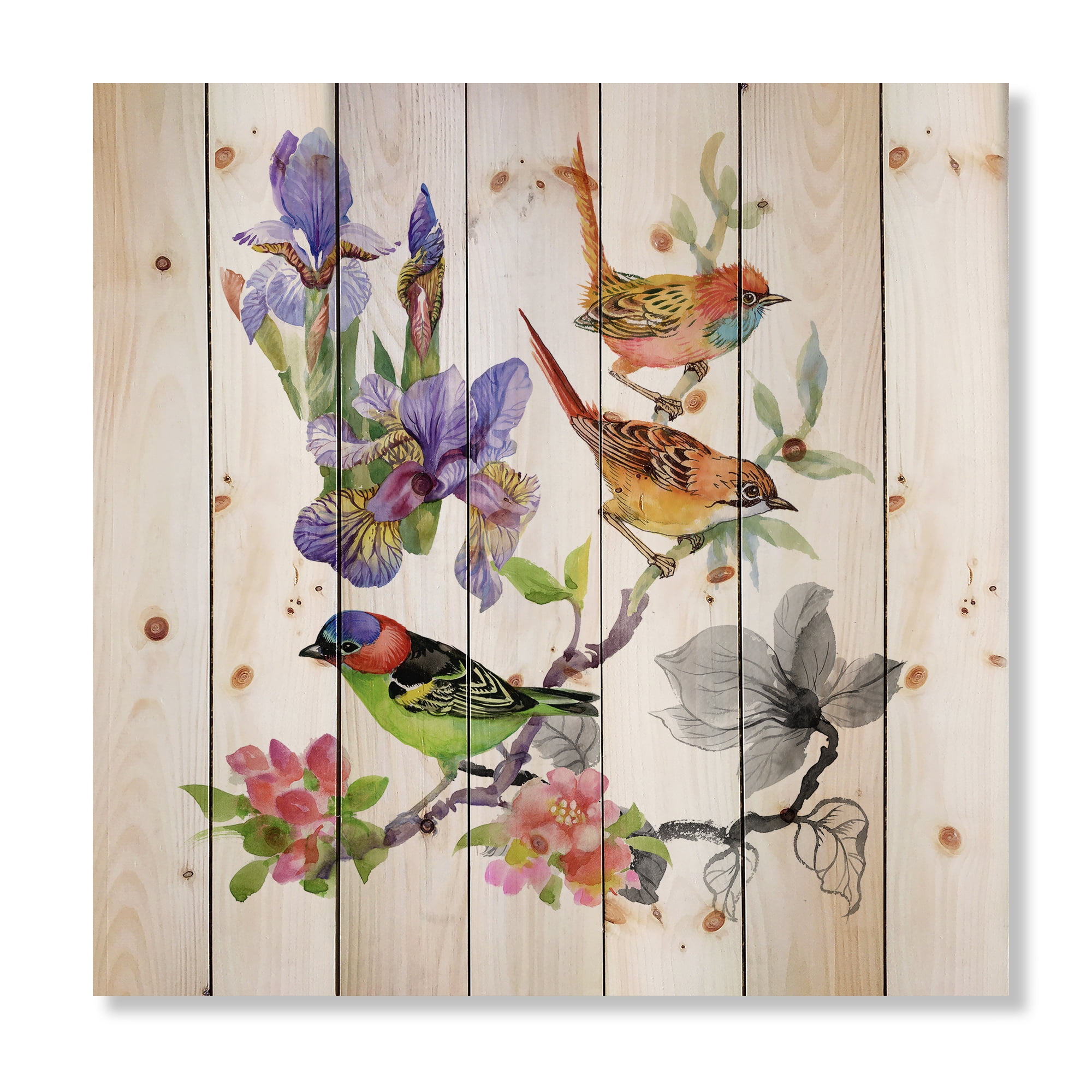 Designart 'Colourful Birds and Tropical Flowers I' Traditional Print on Natural Pine Wood