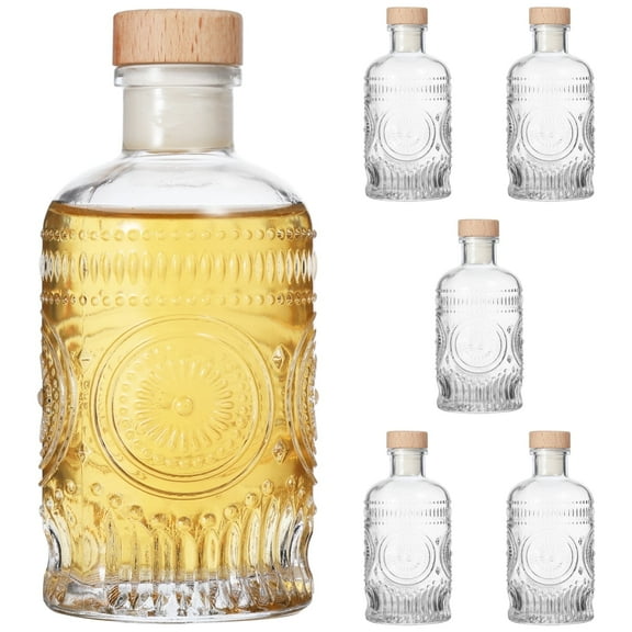 6 PCS Glass Bottles with Flower Patterns, Clear 200 ML Heavy Base Glass Bottles with T-Top Cap with Cork Stoppers, Appealing Airtight Glass Bottles with Lid Design